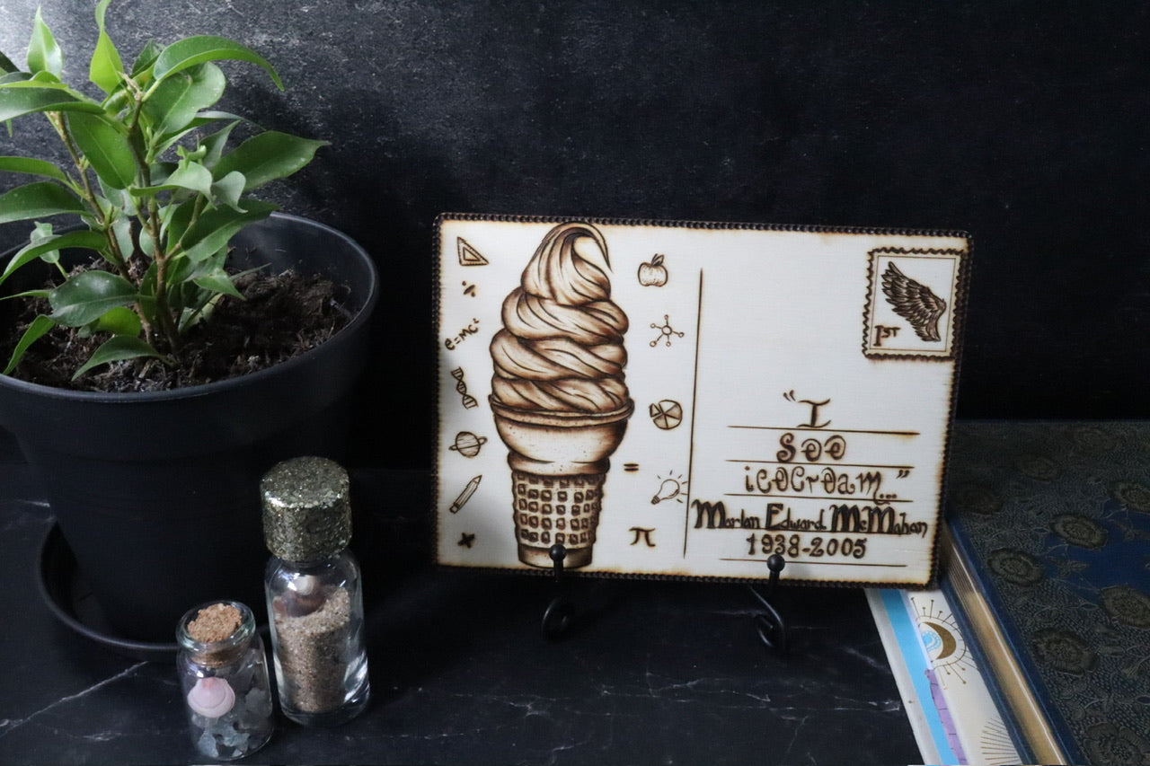 Woodburned post card gift for grieving families and dealing with grief and remembering the passing of loved ones after funeral by www.smokecrafthollow.com