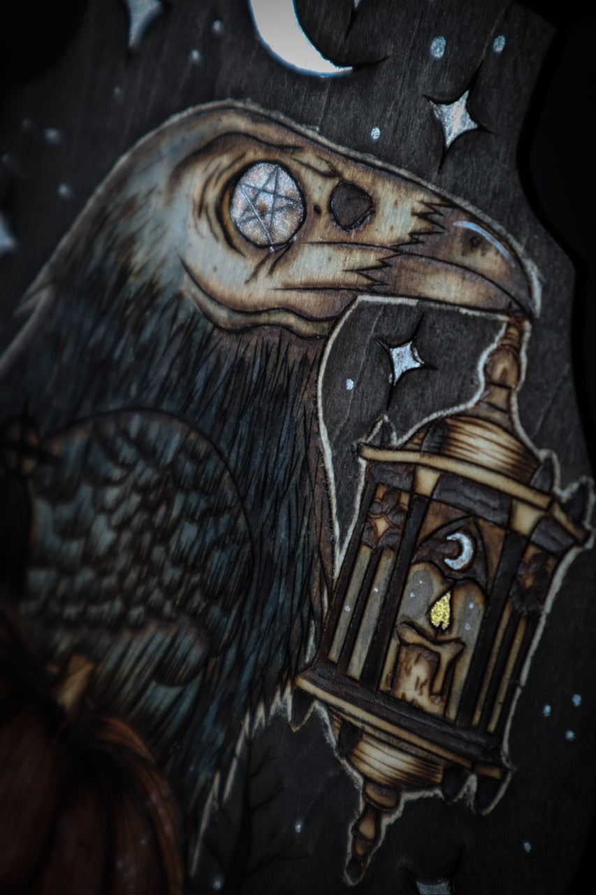 Woodburned spooky raven and pumpkins witch bells by www.smokecrafthollow.com