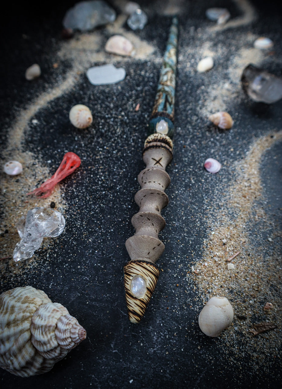 Smokecraft Hollow Willbott’s Wands Seawitch Woodburned wand collaboration with moonstones for water witches at www.smokecrafthollow.com and www.willbottswands.com
