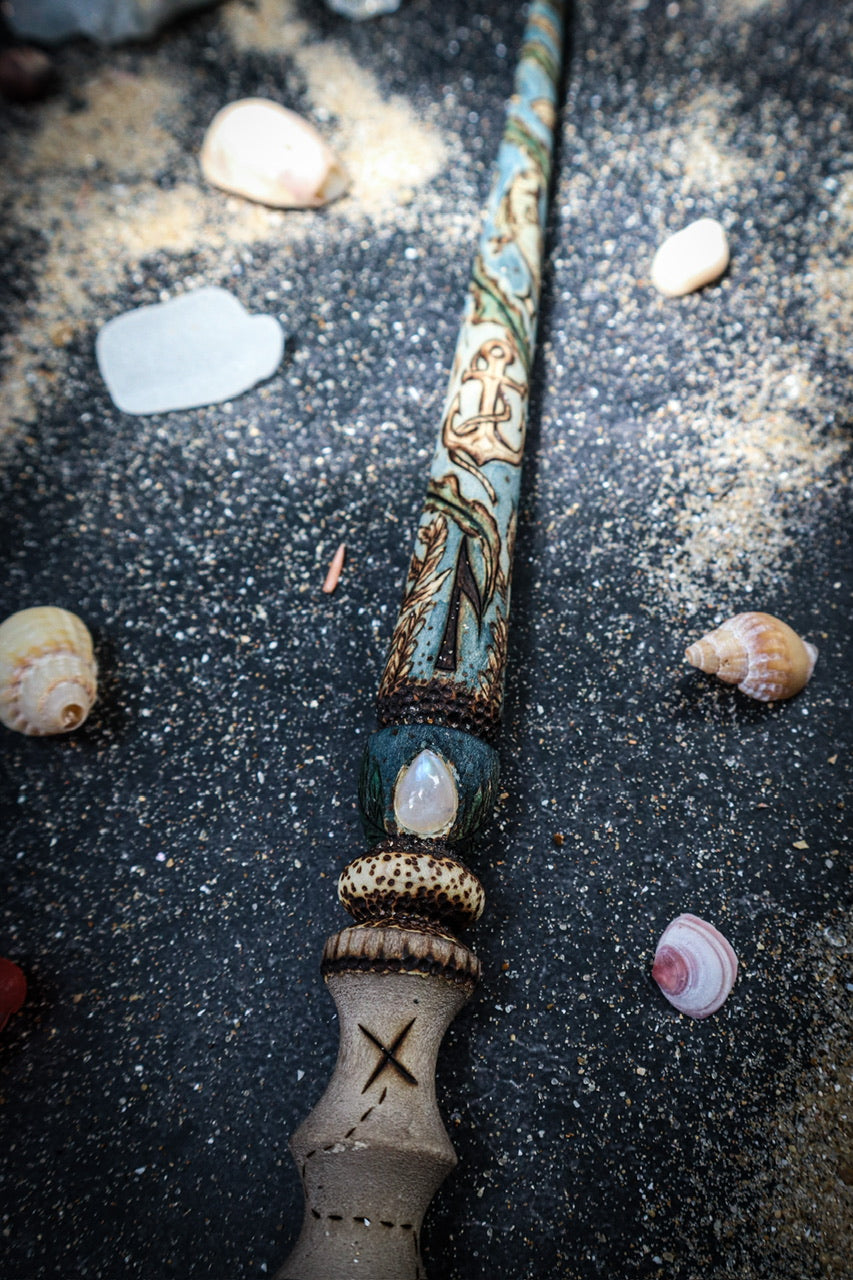 Smokecraft Hollow Willbott’s Wands Seawitch Woodburned wand collaboration with moonstones for water witches at www.smokecrafthollow.com and www.willbottswands.com