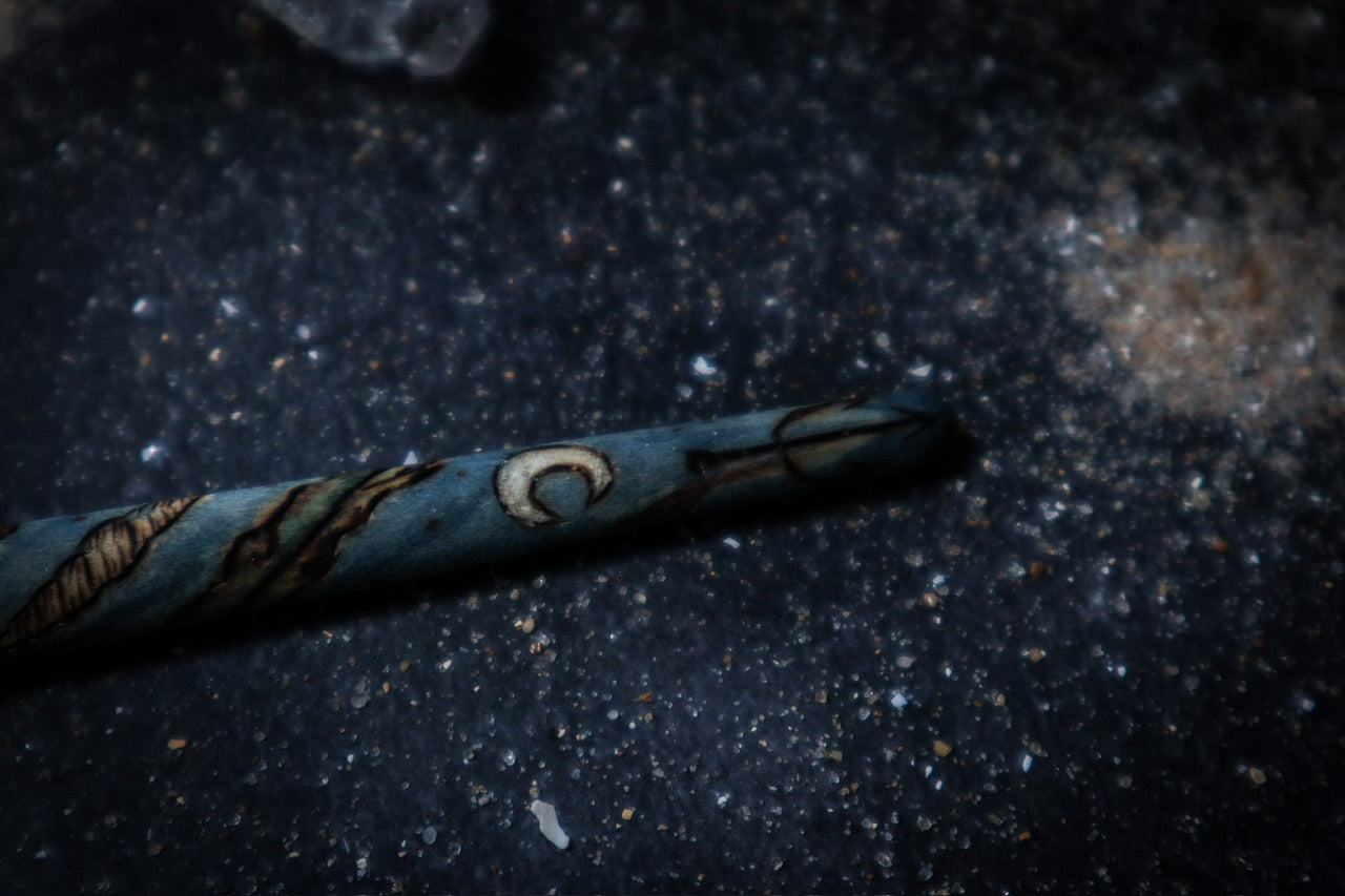 Smokecraft Hollow Willbott’s Wands Seawitch Woodburned wand collaboration with moonstones for water witches at www.smokecrafthollow.com and www.willbottswands.com