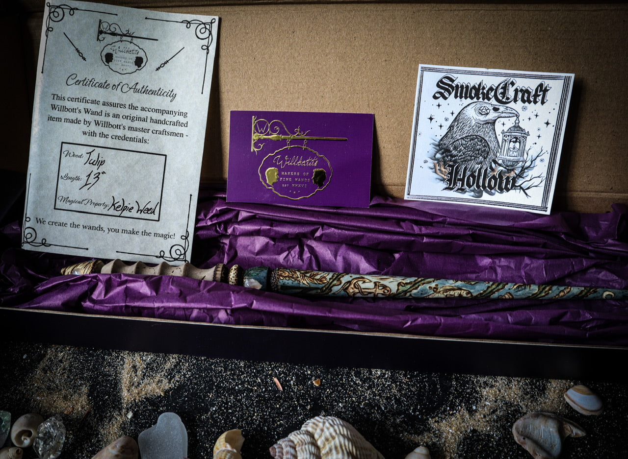 Smokecraft Hollow Willbott’s Wands Seawitch Woodburned wand collaboration with moonstones for water witches at www.smokecrafthollow.com and www.willbottswands.com