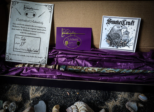 Smokecraft Hollow Willbott’s Wands Seawitch Woodburned wand collaboration with moonstones for water witches at www.smokecrafthollow.com and www.willbottswands.com