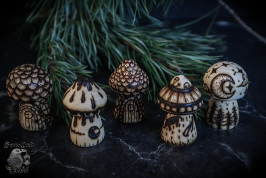 Hand woodburned wooden mushroom figurines with cottage, whimsical, moon, inkycap, and ufo alien mushie handmade by www.smokecrafthollow.com