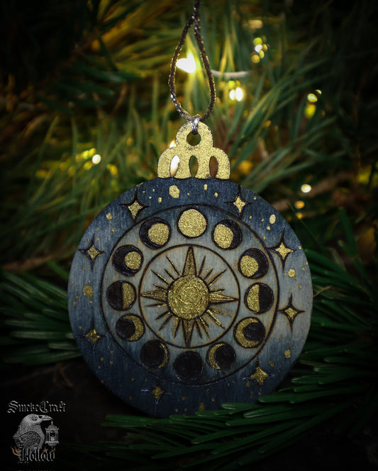 90’s celestial whimsigoth moon phases bauble ornament with blue and gold woodburned by www.smokecrafthollow.com