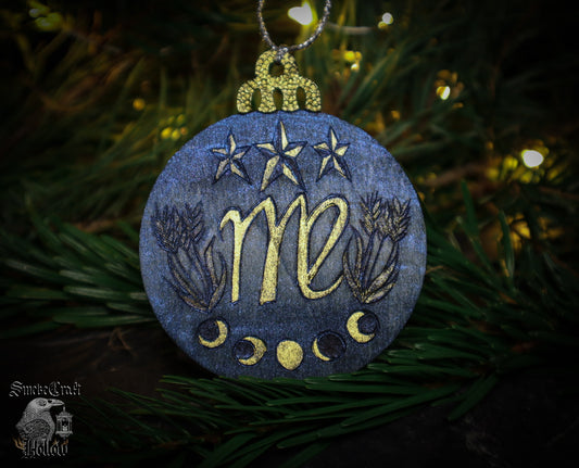 90’s Celestial blue and gold whismigoth astrological virgo witchmas christmas tree ornament bauble woodburned by www.smokecrafthollow.com