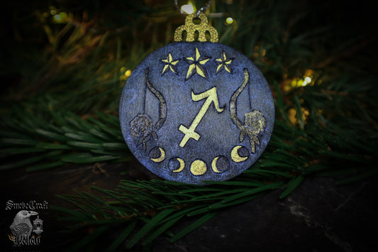Sagittarius christmas yule witchmas woodburned bauble with 90’s whimsigoth celestial astrological aesthetic by www.smokecrafthollow.com