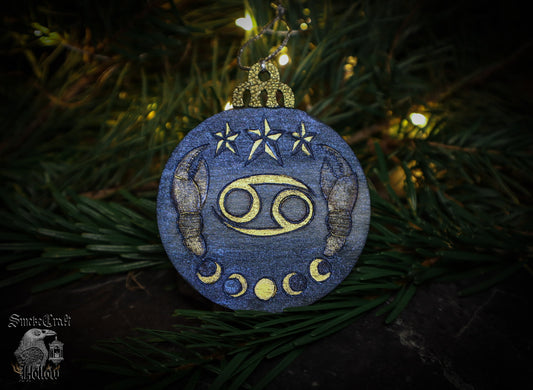 90’s celestial whimsigoth blue and gold astrological cancer christmas witchy tree bauble ornament woodburned by www.smokecrafthollow.com
