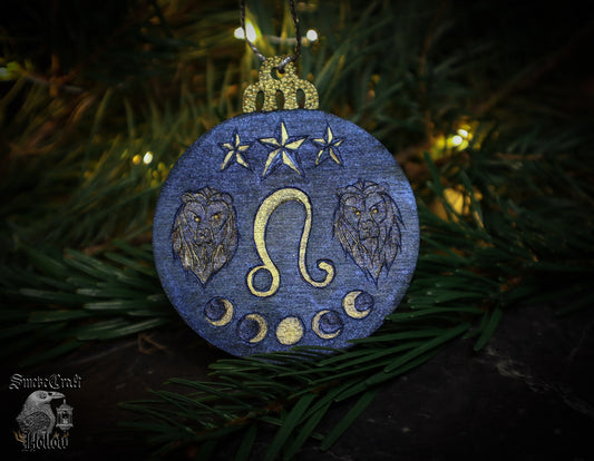 90’s celestial whimsigoth blue and gold astrological Leo christmas witchy tree bauble ornament woodburned by www.smokecrafthollow.com