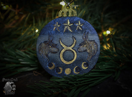 90’s celestial whimsigoth blue and gold astrological taurus christmas witchy tree bauble ornament woodburned by www.smokecrafthollow.com