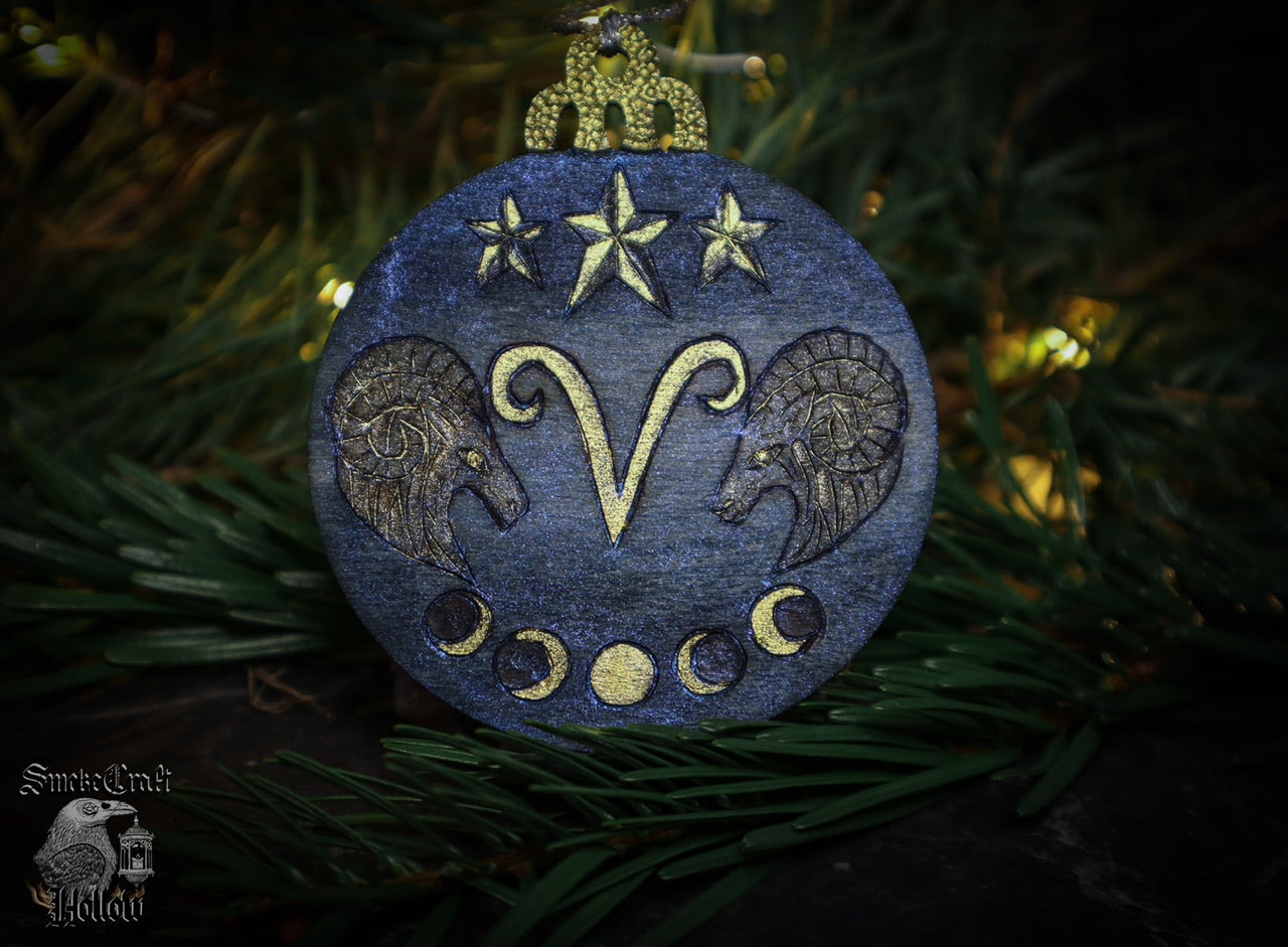 90’s celestial whimsigoth blue and gold astrological Aries christmas witchy tree bauble ornament woodburned by www.smokecrafthollow.com