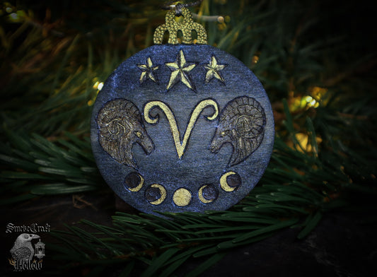 90’s celestial whimsigoth blue and gold astrological Aries christmas witchy tree bauble ornament woodburned by www.smokecrafthollow.com