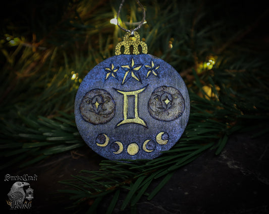 90’s Celestial whimsigoth astrological Gemini christmas witchy bauble ornament woodburned by www.smokecrafthollow.com