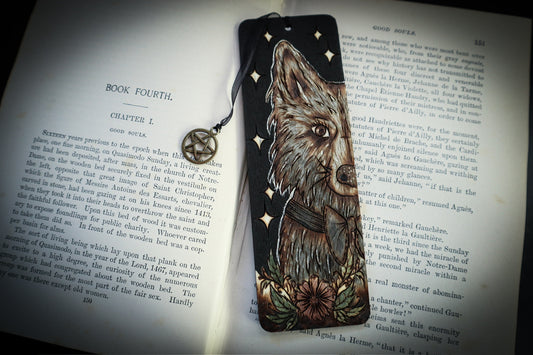 Witch familiar dog wooden bookmark woodburned by smokecraft hollow with bronze pentagram pendant
