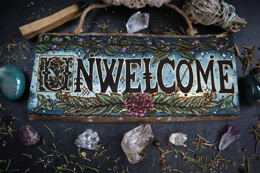 Unwelcome woodburned night garden door sign with botanical elements for greenwitch whimsigoth decor by Smokecraft Hollow