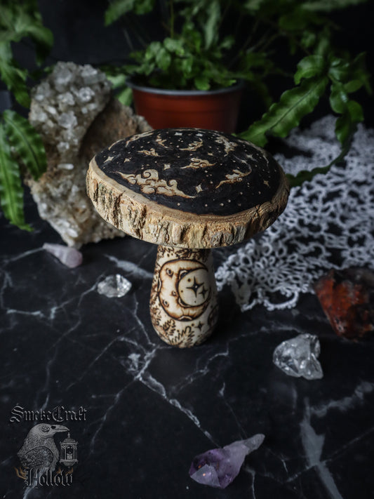 Whimsical woodland fairy woodburned mushroom figurine shelf home decor with moon, ferns, clouds, stars, flowers, fairy door, etc by Smokecraft Hollow