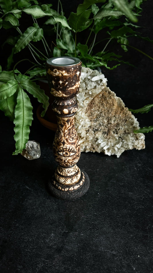 Woodburned witchy woodland whimsical candleholder for candlesticks with all seeing eye, ferns, clouds, snails, depicting as above so below art by Smokecraft Hollow
