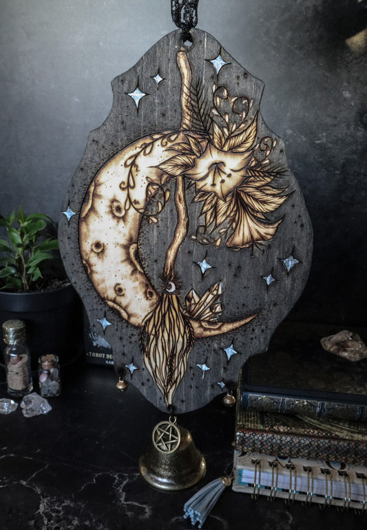 Witch bells with moon, flowers and broom with bronze bells and pentagram charm woodburned by Smokecraft Hollow