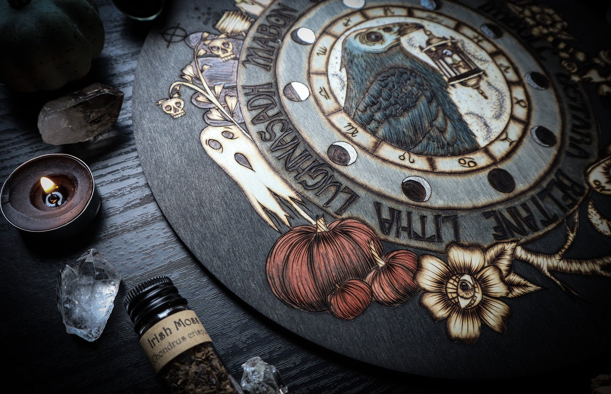 Witchy Samhain Wheel of the year for spooky season, woodburned with raven, ghosts, pumpkins and more for pagan altar decor by www.smokecrafthollow.com