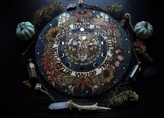Mabon Wheel of The year  for witchy pagan altar woodburned decor with gourds, candles, sunflowers, apples, fall leaves. Www.smokecrafthollow.com litha lughnasadh yule samhain imbolc ostara beltane